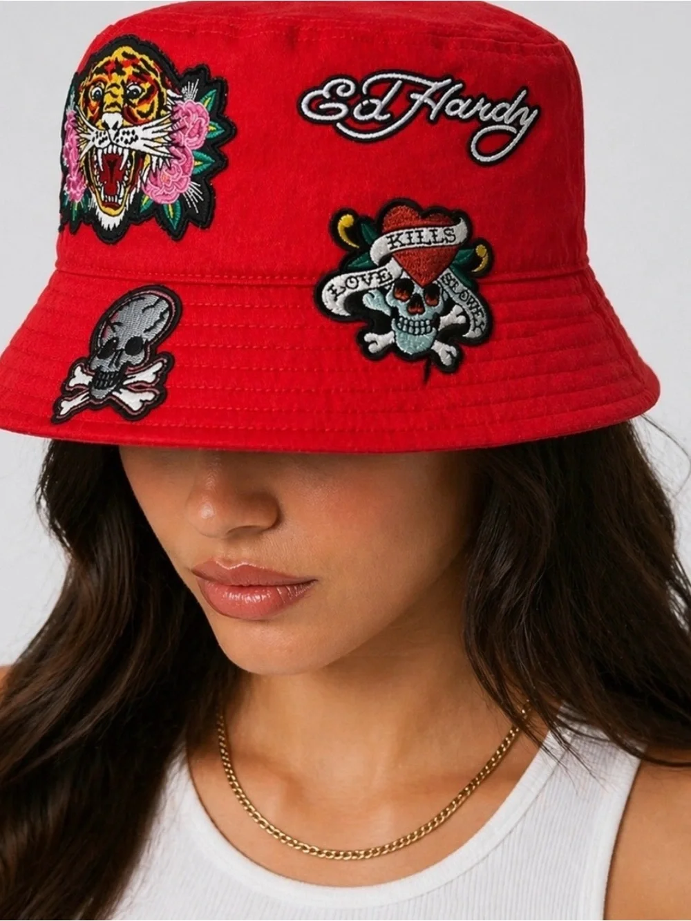 Ed Hardy Red Bucket Hat with Embroidered Skull & Tiger Patches Unisex New